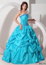 Aqua Blue Strapless Floor-length Taffeta Ruching Quinceanera Dress