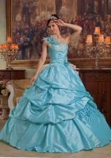 Baby Blue Ball Gown One Shoulder Quinceanera Dress with Hand Flowers Taffeta