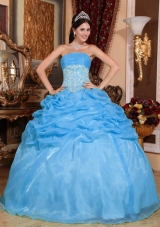 Baby Blue Ball Gown Strapless Quinceanera Dress with Organza Appliques
