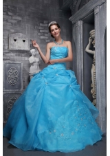 Beautiful Strapless Taffeta Quinceanera Dress with Organza Appliques Aqua Blue