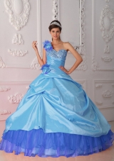 Blue Ball Gown One Shoulder Quinceanera Dress with Taffeta Beading Hand Flower