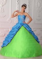 Green and Blue Ball Gown Sweetheart Quinceanera Dress with  Taffeta Appliques Ruching