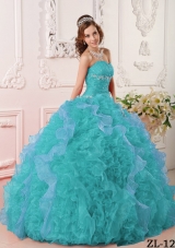 Inexpensive Turquoise Ball Gown Sweetheart Appliques Quinceanera Dress with Beading