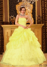 Organza Strapless Appliques and Pick-ups for Yellow Sweet 15 Dresses