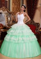 Quinceanera Dress in Apple Green Ball Gown Spaghetti Straps with Lace and Appliques