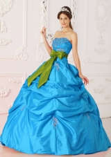 Teal Ball Gown Strapless Quinceanera Dress with Taffeta Beading Sash