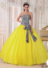 Yellow Strapless Printing Sequined Sweet 15 Dresses with Bow Knot