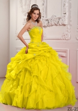 Yellow Sweet 15 Dresses with Organza Beading and Ruffles Strapless