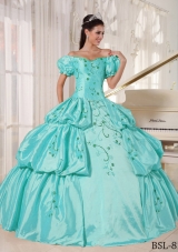 2014 Aqua Blue Off The Shoulder Embroidery Quinceanera Dress with Cap Sleeves