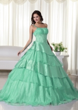 2014 One Shoulder Quinceanera Dress in Apple Green Ball Gown with Beading