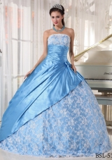 2014 Spring Aqua Blue Ball Gown Strapless Quinceanera Dress with Lace