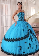 Aqua Blue Ball Gown Strapless Floor-length Quinceanera Dress with Appliques