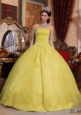 Cheap Strapless Organza Appliques Yellow Puffy Quinceanera Gown