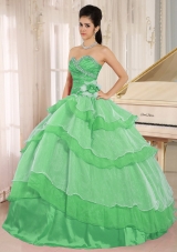 Green Sweetheart with Beading and  Ruching and Ruffled Layeres Quinceanera Dress In 2014