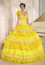 Hand Made Flowers One Shoulder Appliques and Ruffled Layers For Quincenera Dresses