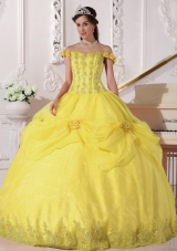 Off The Shoulder Appliques and Hand Made Flowers Yellow Quinceanera Gowns