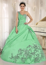 Perfect Green One Shoulder Appliques and Beading Quinceanera Dress