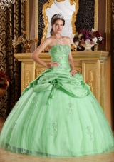 Perfect Quinceanera Dress in Apple Green Ball Gown Strapless with Beading and Hand Made Flower