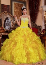 Ruffled Yellow Sweet Sixteen Dresses with Appliques and Beading Sweetheart Organza