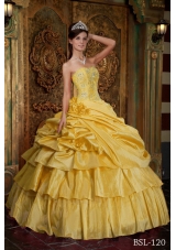 Strapless Beading and Hand Made Flowers Yellow Quinceanera Gown Dresses
