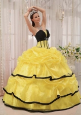 Yellow and Black Strapless Organza Quinceanera Gown Dresses with Beading