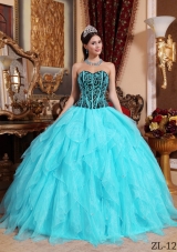 Aqua Blue Ball Gown Sweetheart Organza Embroidery Quinceanera Dress with Beading