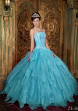 Gorgeous Ball Gown Strapless Appliques Organza New Style Aqua Blue Quinceanera Dress