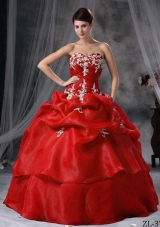 Puffy Sweetheart Organza Appliques Wine Red Dress For Quinceaneras