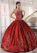 Puffy Wine Red Strapless Satin Embroidery Dresses For 2014