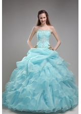 2014 Beautiful Baby Blue Ball Gown Strapless Beading Quinceanera Dress with Ruffles