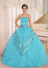 Aqua Blue Beaded Decorate 2014 Quinceanera Gowns With Strapless
