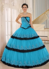 Aqua Blue Hand Made Flowers Custom Made For 2014 Quinceanera Dress