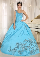 Aqua Blue Quinceanera Dress One Shoulder With Appliques and Beading 2014