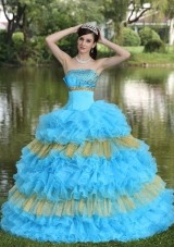 Beaded Decorate Bust Sequins Quinceanera Dress  with Organza Multi-color Strapless Tiered Sweet