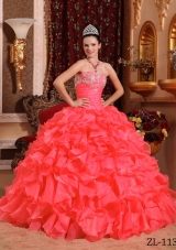Coral Red Organza Beading and Appliques Quinceanera Gown with Ruffles