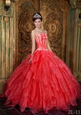Hot Sale Appliques Organza Coral Red Sweet Sixteen Quinceanera Dresses