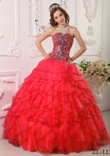 New Style Red Sweetheart Organza Ruffles and Beading Sweet 15 Dresses