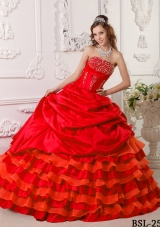 Red Puffy Strapless Taffeta Beading and Layers Sweet 16 Dresses