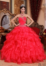 Sweetheart Organza Beading and Ruffles Red Quinceaneras Dress