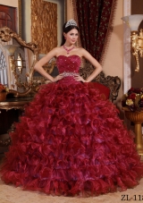 Sweetheart Organza Beading and Ruffles Wine Red Quinceanera Gown Dresses