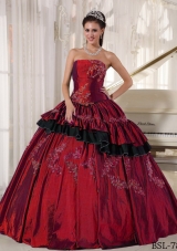 Taffeta Beading Wine Red Appliques Dresses For a Quinceanera