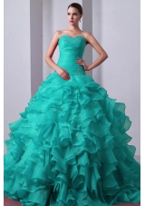 2014 Beading Quinceanea Dress in Blue Princess Sweetheart Brush Train with Ruffles