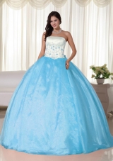 Aqua Blue Ball Gown Strapless Floor-length Quinceanera Dress with Organza