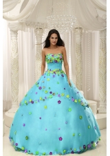 Baby Blue Ball Gown 2014 Quninceaera Gown For Custom Made Appliques Decorate Bodice