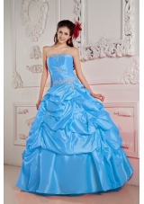 Blue Ball Gown Strapless Floor-length Taffeta Beading Quinceanera Dress