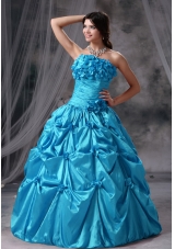 Hand Made Flowers Ruching Ball Gown in Aqua Blue Strapless Quinceanera Dresses