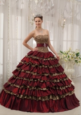 Princess Leopard Sweetheart Layers Burgundy Dresses Quinceanera