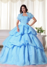 2014 Baby Blue Ball Gown Appliques Quinceanera Dress with Hand Made Flowers