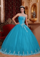 2014 Romantic Aqua Blue Ball Gown Strapless Lace Quinceanera Dress with Appliques