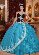 2014 Sweet Aqua Blue Ball Gown Lace V-neck Quinceanera Dress with Appliques